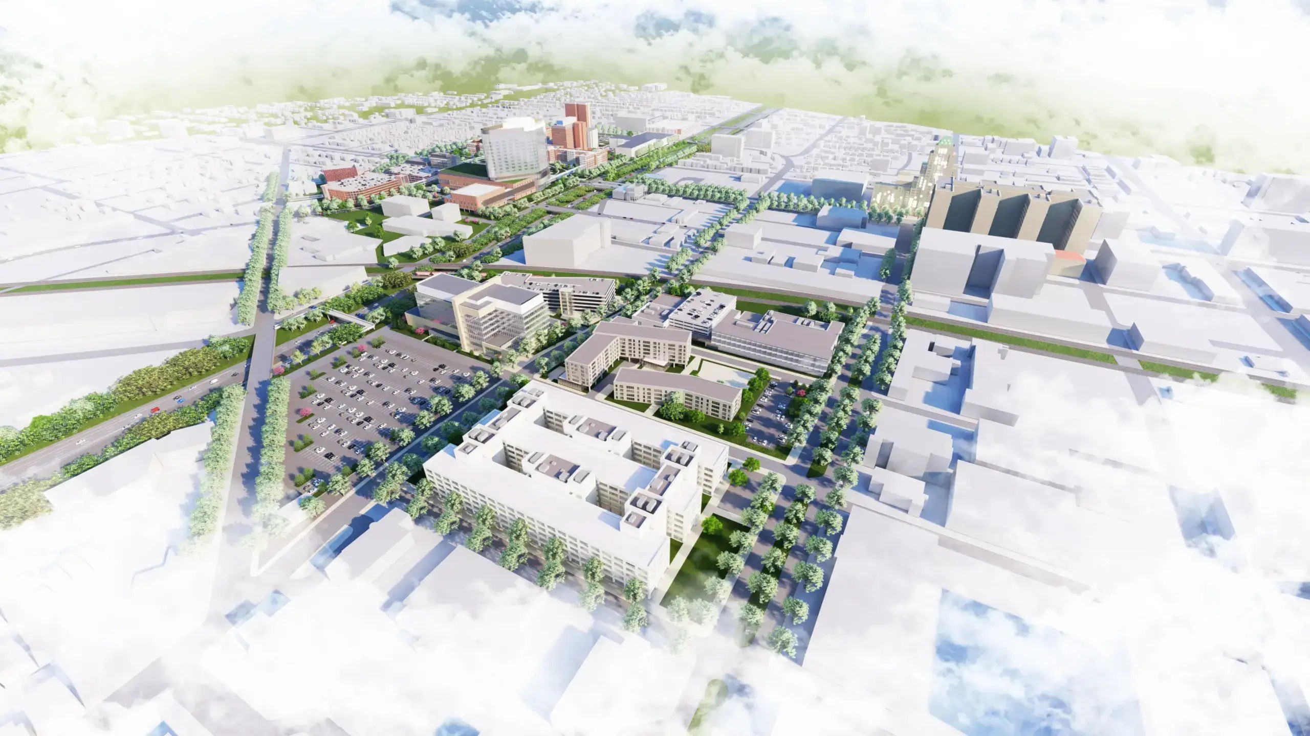 Aerial view of a rendering of the Future of Health campus