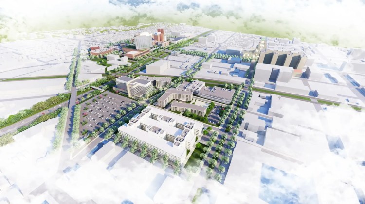 Aerial view of a rendering of the Future of Health campus