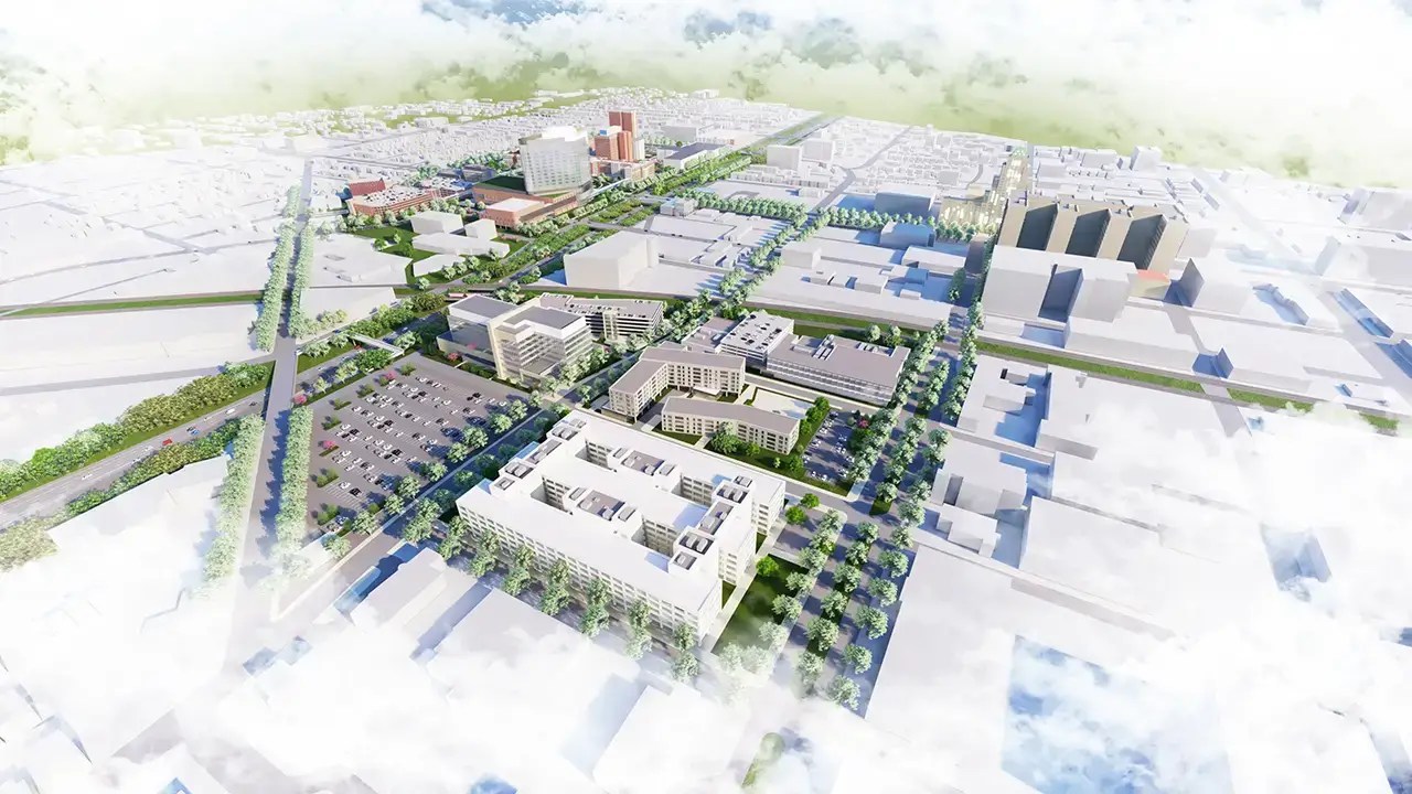 Rendered aerial view of the new Henry Ford Health hospital tower