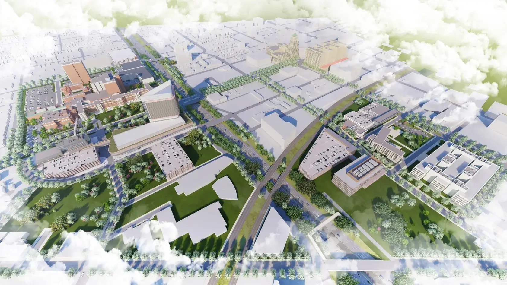 Overhead rendering of a new community center in Detroit