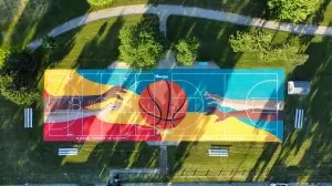 Overhead view of the colorful basketball courts at Windiate Park