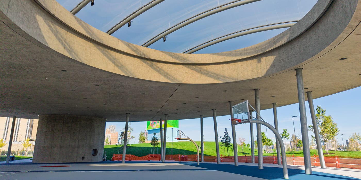 Nearly complete construction of the new Detroit riverfront park